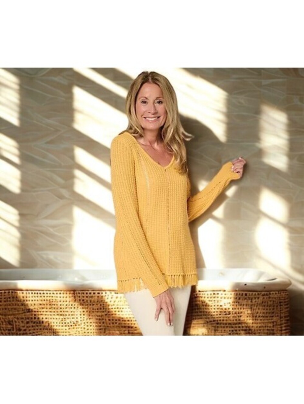 Susan Graver Long Sleeve Fringe Hem Pointelle Sweater AMBER YELLOW Size S